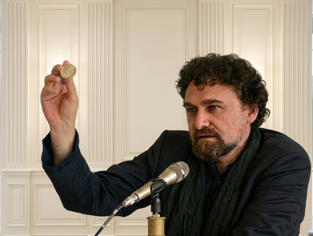 Shaykh Umar Vadillo holding a gold coin while speaking into a microphone during a lecture